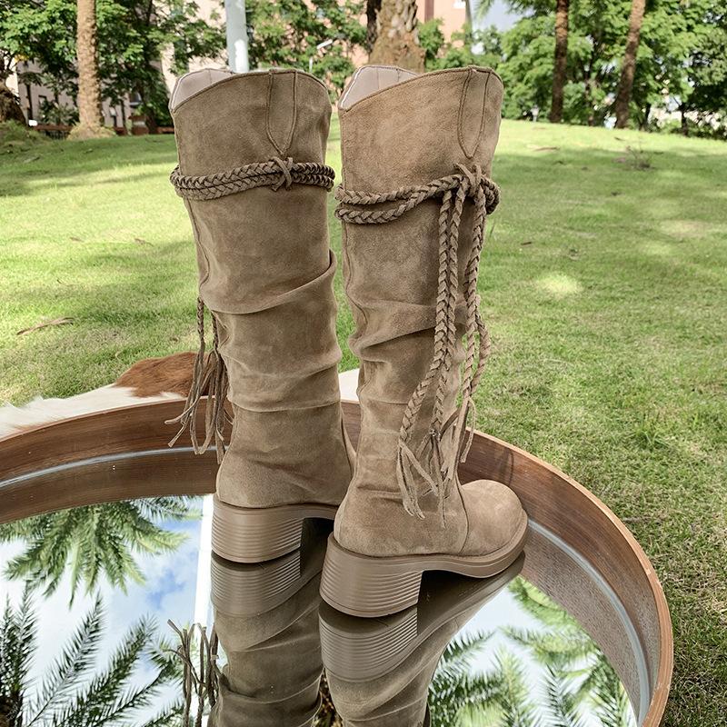 Cowhide Version~ Retro Wasteland Wind Fringed Knight Boots Thick Heel But Knee Long Boots Thin Pile High Boots Women