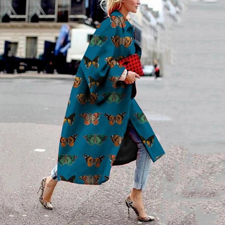 Dámský módní dlouhý trenčkot kabát svrchní oděv s potiskem kapsy bunda kardigan