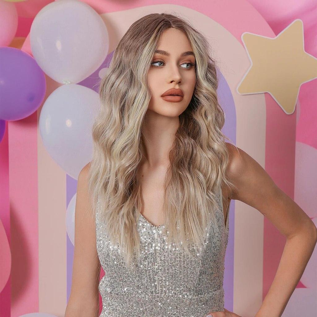 ALAN EATON Brown Blonde Curly Lace Wig 13*4 Lace Front Wigs with Dark Roots Synthetic Natural Looking Hair for White Women Daily