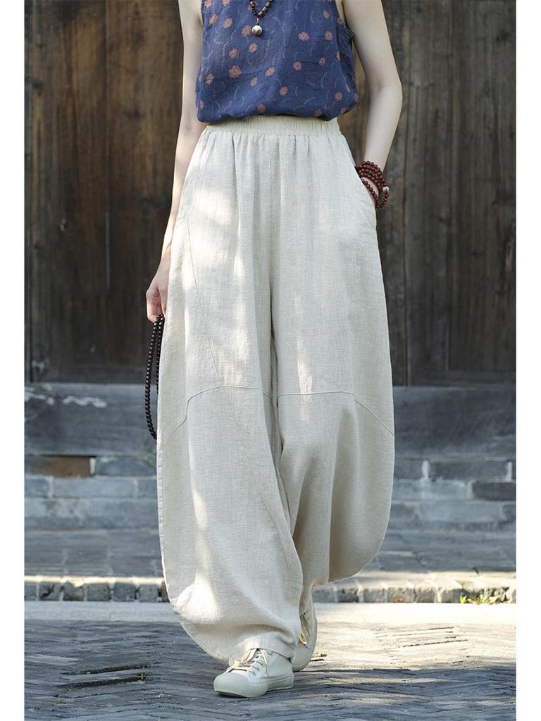 Women's Retro Ramie Sand-Washed Distressed Loose Lantern Pants for Meditation and Tai Chi