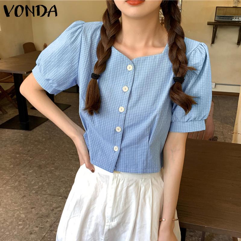 

Летние женские рубашки VONDA в клетку с квадратным вырезом и пышными рукавами, топы