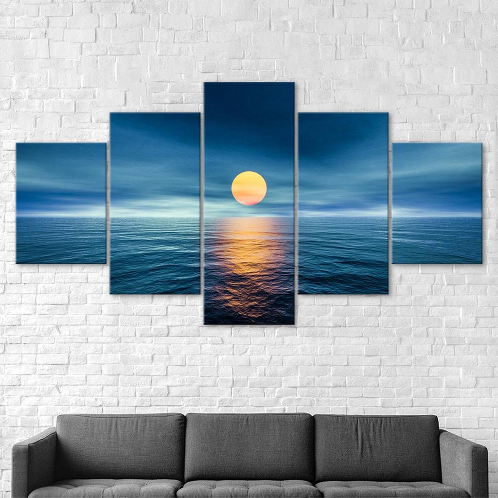 Full Moon Over The Ocean Scene 5 Piece Five Panel Canvas Print Modern Wall Art Poster Home Decor Gift For Him For Her