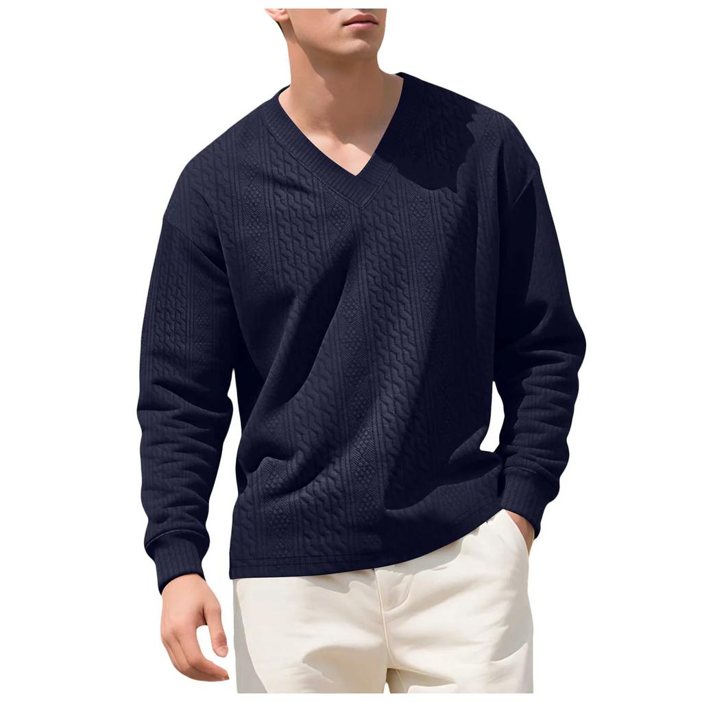 Spring Autumn Soild Color Jacquard V Neck Sweatshirt Knit Pullover Men's Casual Sweatshirts Long Sleeved Tops Sportwear