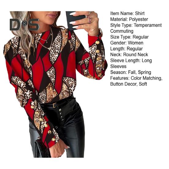Women Spring Shirt Color Matching Print O Neck Long Sleeve Button Decor Soft Breathable Elegant OL Commute Blouse