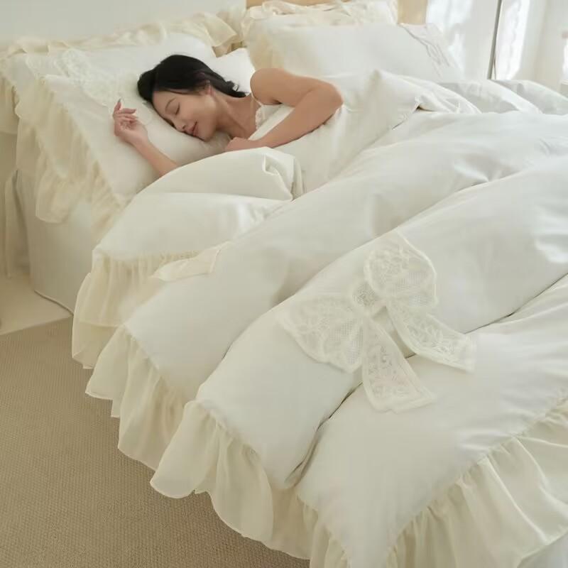 

Комплекты постельного белья в стиле французской принцессы, кружевное покрывало с оборками и бантом, романтическое постельное белье, декор для спальни для женщин и девочек, пододеяльник 4 шт. 220x240cm 4pcs