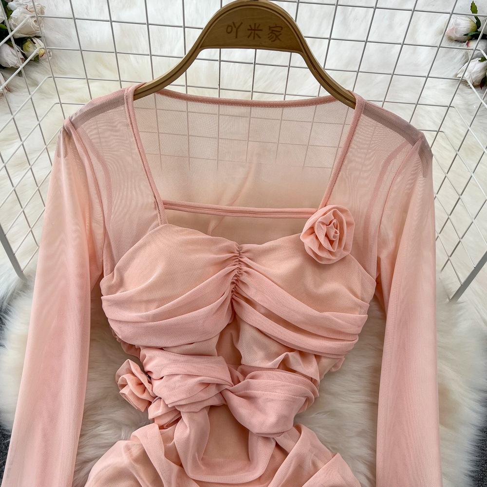 Spring and Autumn Women's Dress Pure Desire Spice Girl Sexy Long Sleeve Square Neck Waist Slimming Mesh See Through Stereoscopic Flower Hip Dress