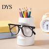 Desk Storage Box Resin Glass Stand Pen Holder, Moai Statue Pencil Container, Desktop Cup Stationery Organizer Eyeglass Display Rack for Home Office