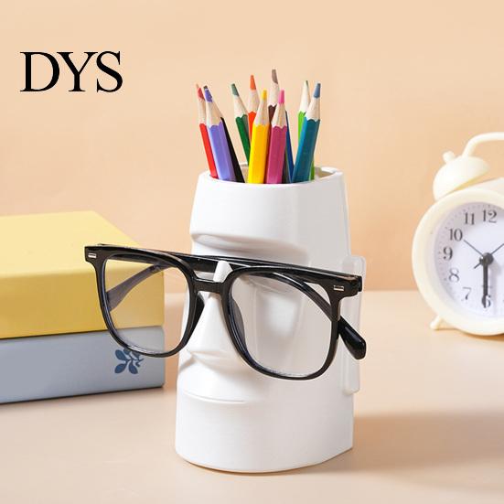 Desk Storage Box Resin Glass Stand Pen Holder, Moai Statue Pencil Container, Desktop Cup Stationery Organizer Eyeglass Display Rack for Home Office