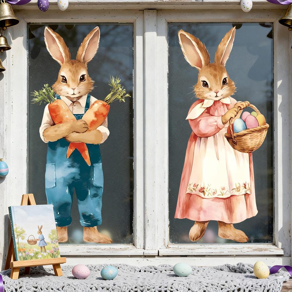 2pcs Easter Decals Cute Stactic Decal Extra Large Easter Bunny Window wall Stickers Decoration For Home Stores Door Festivals