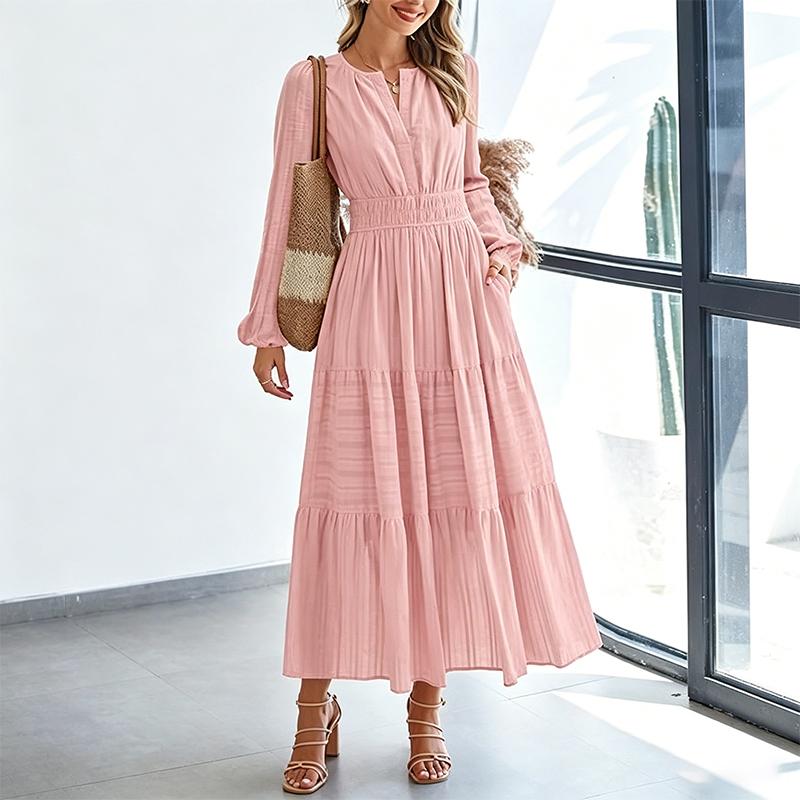 Abito Lungo da Donna con Scollo a V, Manica Lunga, a Strati, Vita Arricciata, Orlo a Volant, Abito Casual per Primavera ed Estate