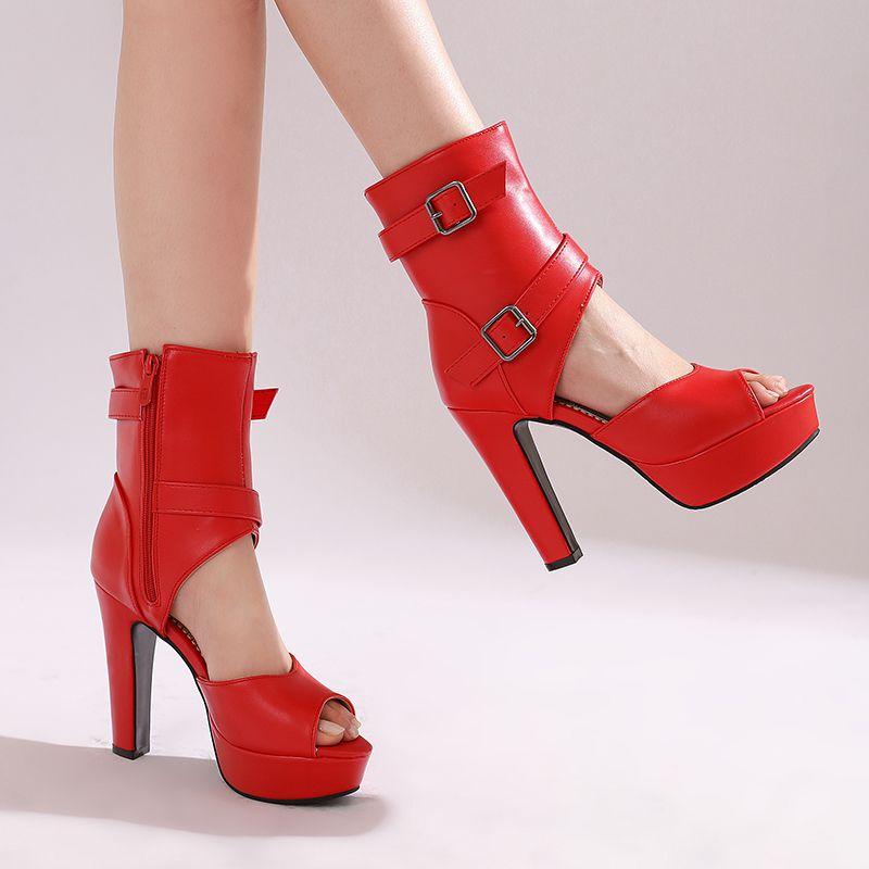 Red Female Sandals Peep Toe 12cm Chunky Heel 3.5cm Platform Side Zipper Belt Buckle Sexy Dating Shoes Big Size 49 50