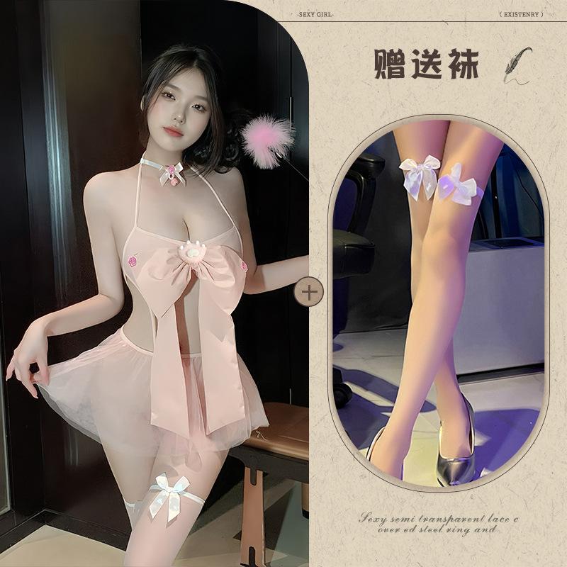 Pink Bow Three-point Erotic Underwear Pure Desire Temptation Splicing Mesh Perspective Free-to-take Set