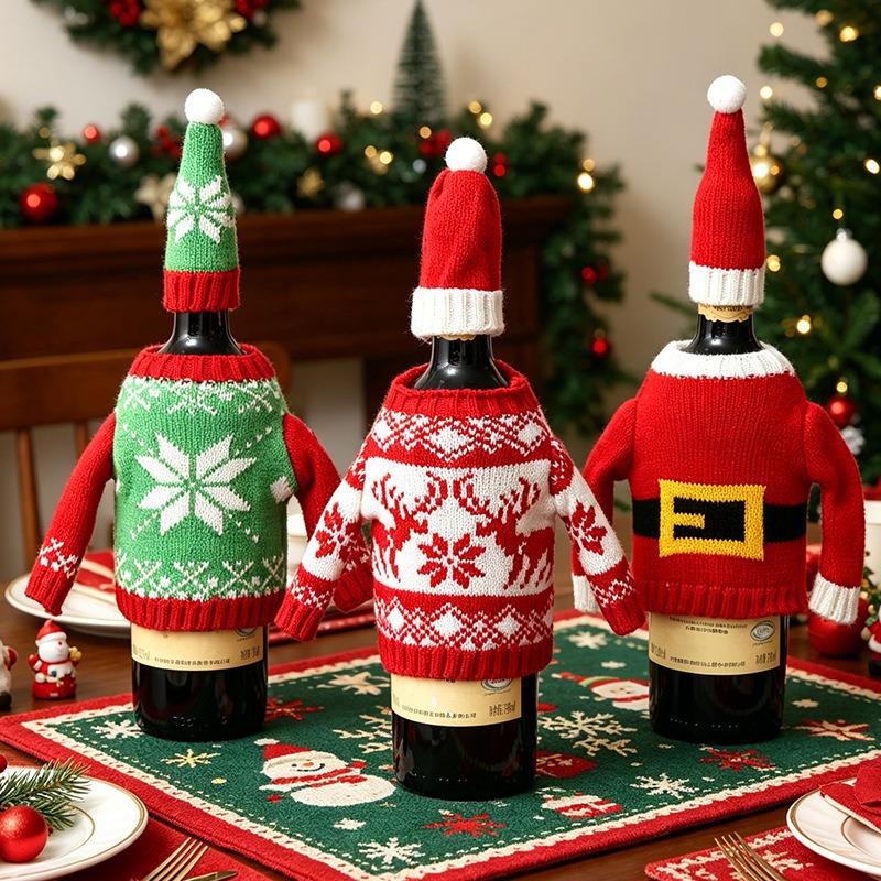 Christmas Wine Set Wool Knitting Ornament Snowflake Wine Bottle Set Restaurant Dress Up Festive Scene Arrangement