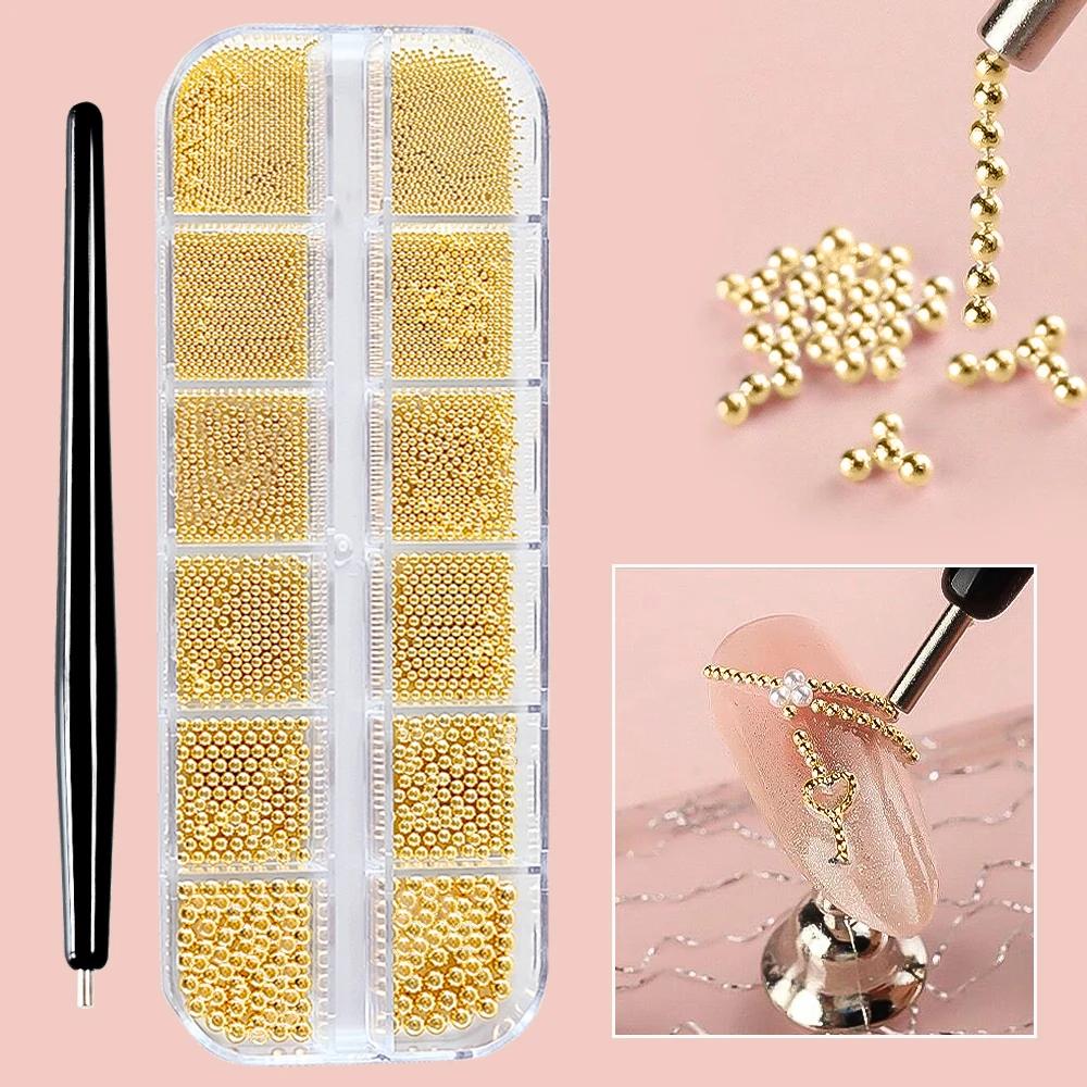 12Grids Mini Caviar Beads Nail Art Decorations Metal Gold/Silver Micro Ball Nail Charms Magnetic Pen 0.5~3mm Ball Nail Jewelry