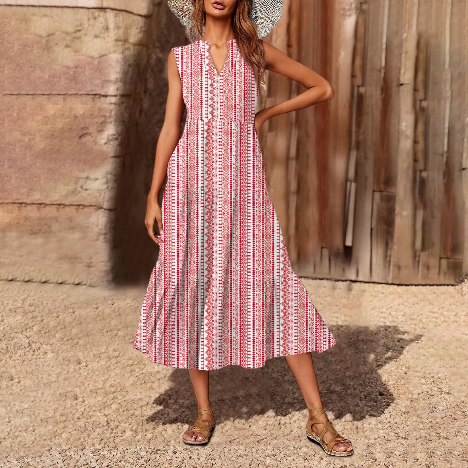 

Женское повседневное и модное платье средней длины с V-образным вырезом без рукавов и принтом L