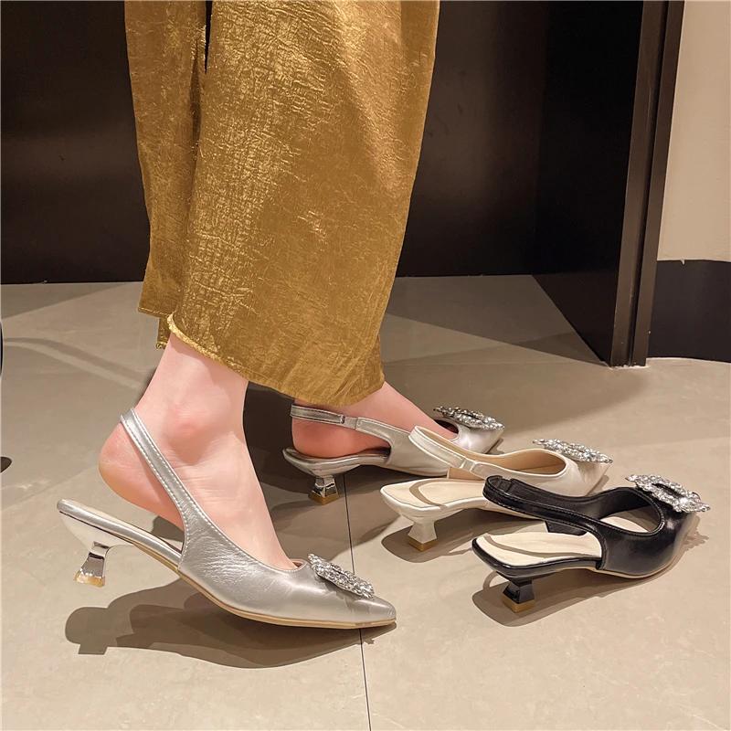 Fashion Fashion Summer Women Sandals New Women's Shoes Pointed Toe Shallow Nude Pink Diamond Shoes Low Heel Back Strappy Shoes Women