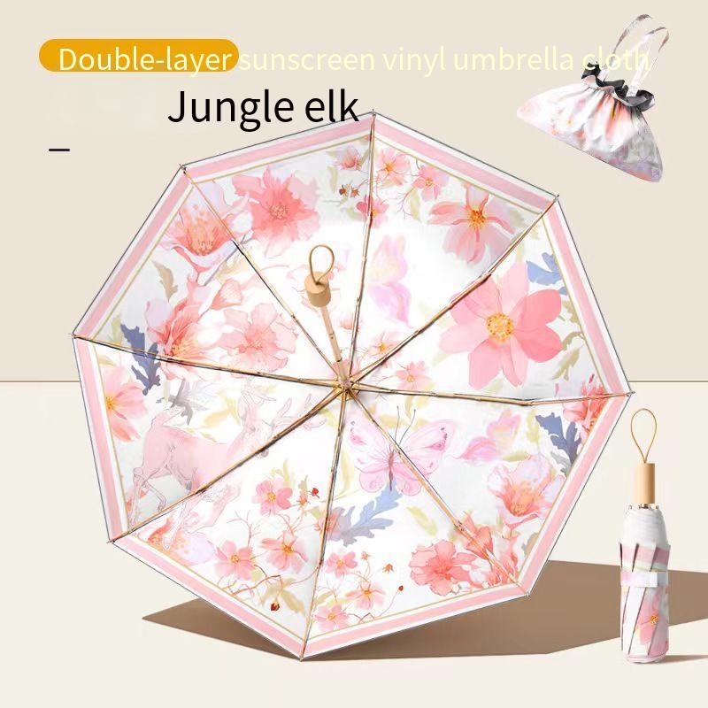 3-Folding Compact Umbrella Upf50+ Vinyl Sun Protection 8-Rib Double Layer Portable Parasol For Women Lightweight Travel Umbrella