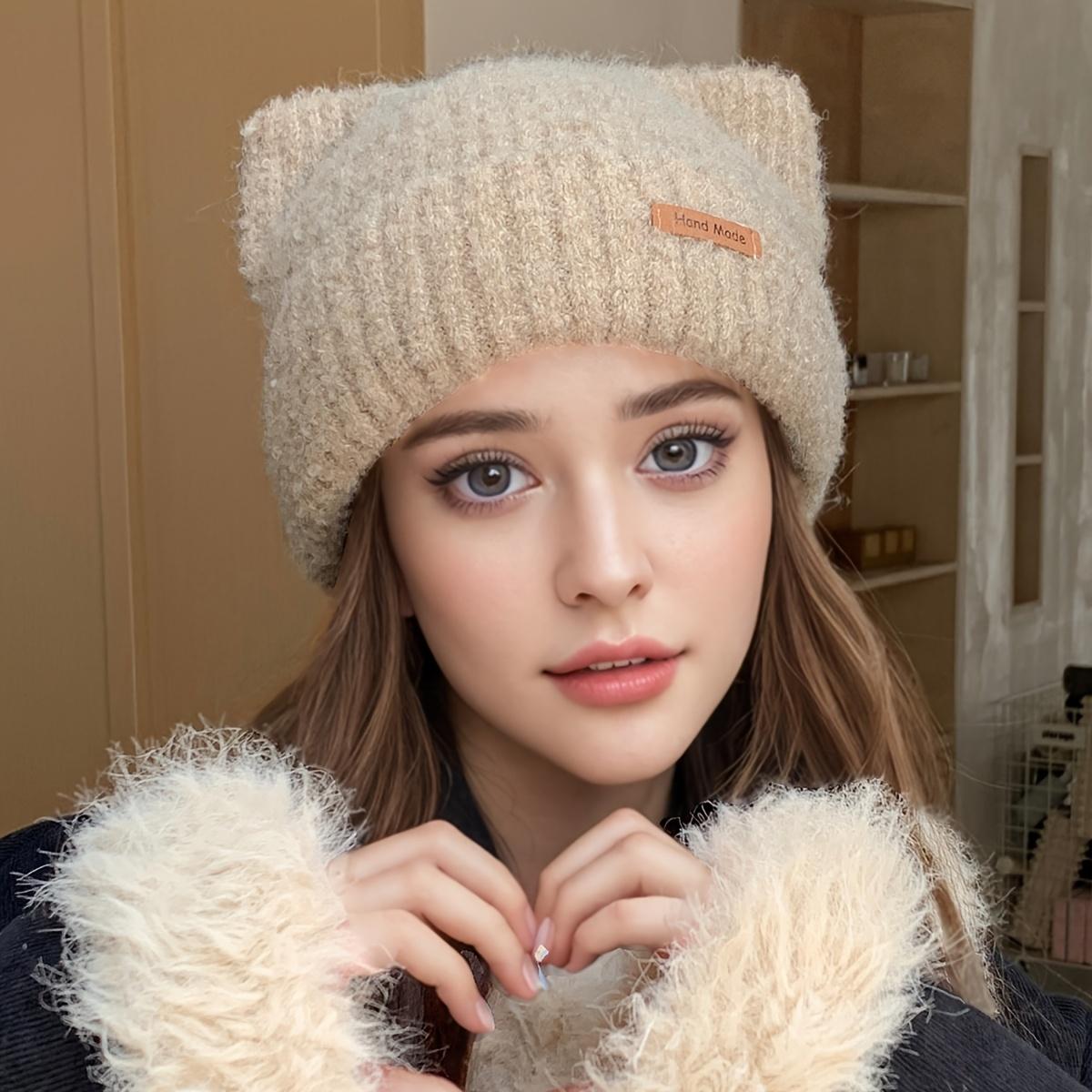 

1 шт. шикарная кожаная шапка-бини с ушками - женские вязаные аксессуары для путешествий на свежем воздухе - утолщенная теплая однотонная повседневная шапка для зимы хаки