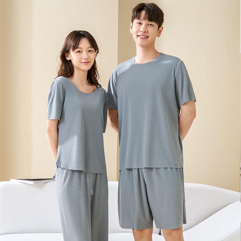 Ice Silk Couples Summer Pajama Set - Quick-Dry Women's and Men's Short Sleeve and Shorts Homewear