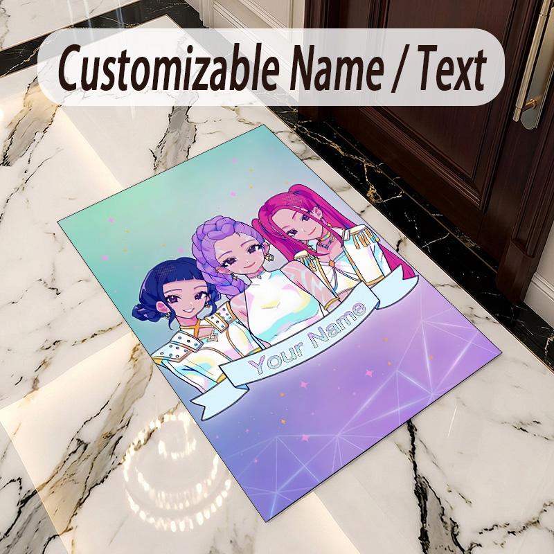 Crystal Velvet Rug Kpop Demon Hunters Print Custom Name Text Floor Mat Home Decor