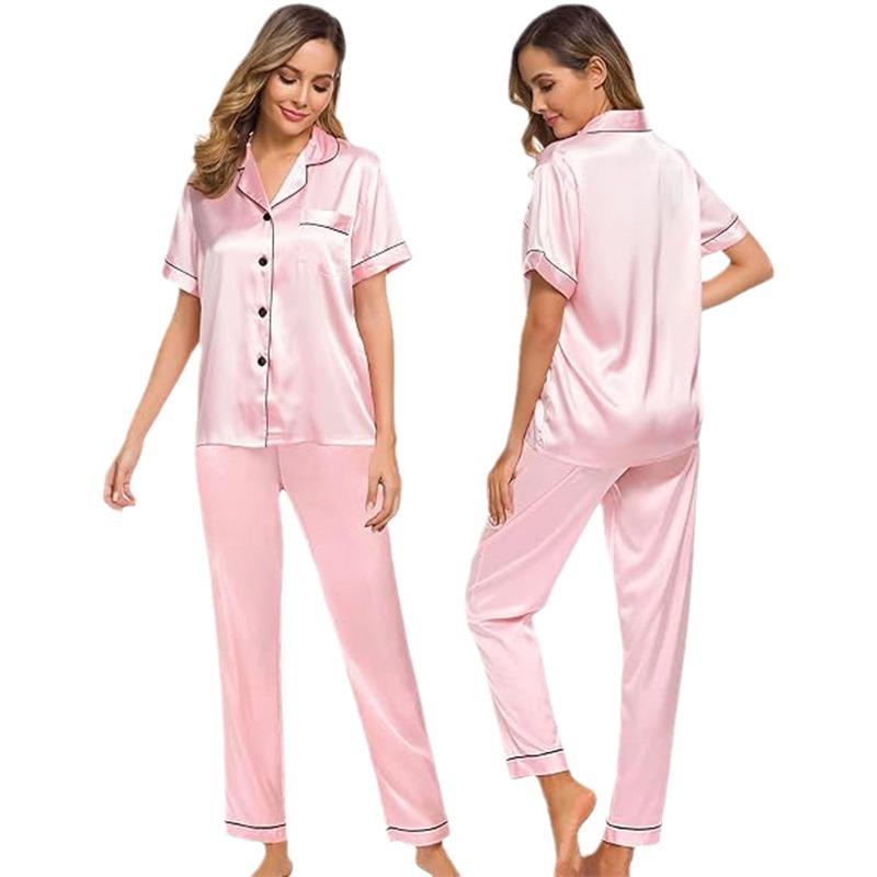 Amazon Independent Station Eisseiden-Pyjama Satin-Set Kurzarm Lange Hose Übergröße Damen Loungewear