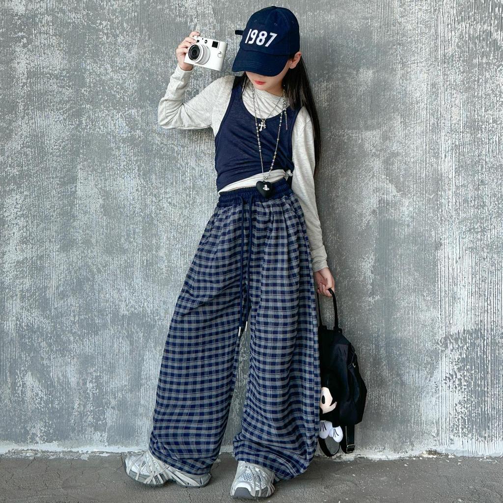 Girls' Spring/Autumn Plaid Wide-Leg Pants 2025 - Trendy Big Girls' Korean Scimitar Style