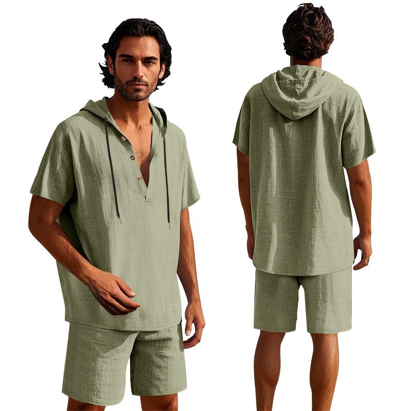 

Loose Linen Men s Set Summer Casual Shorts Sleeveless Hooded Henry Shirt and Shorts Combo Comfortable Breathable Men s Wear XXXL зелений