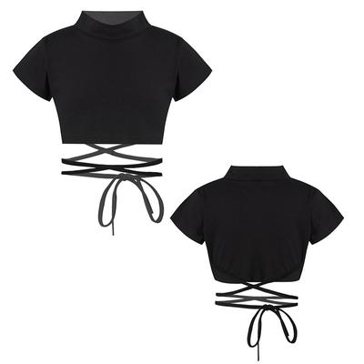 Kids Girls Short Sleeve Mock Neck Athletic Sports Crop Top Strappy Waist Jazz Dance Top T-Shirts
