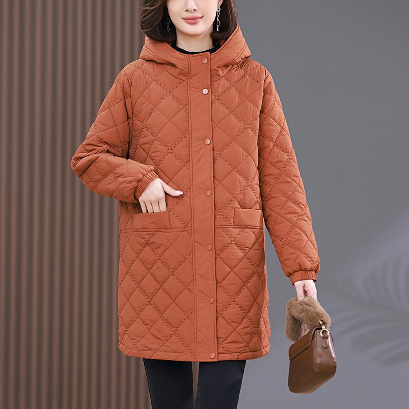 Damen Winter 2024 Rautenmuster Kapuzen Daunen Baumwollmantel für Mütter mittleren Alters
