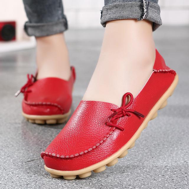 New Moccasins Women Flats  Autumn Woman Loafers Genuine Leather Female Shoes Slip On Ballet Bowtie Women 'S Shoes Big Size