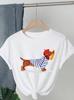 Tricou cu mânecă scurtă în stil desen animat cu un imprimeu cu câine în dungi, Gât rotund, Îmbrăcăminte de vară pentru femei, Tricou casual, Îmbrăcăminte de zi cu zi pentru stradă