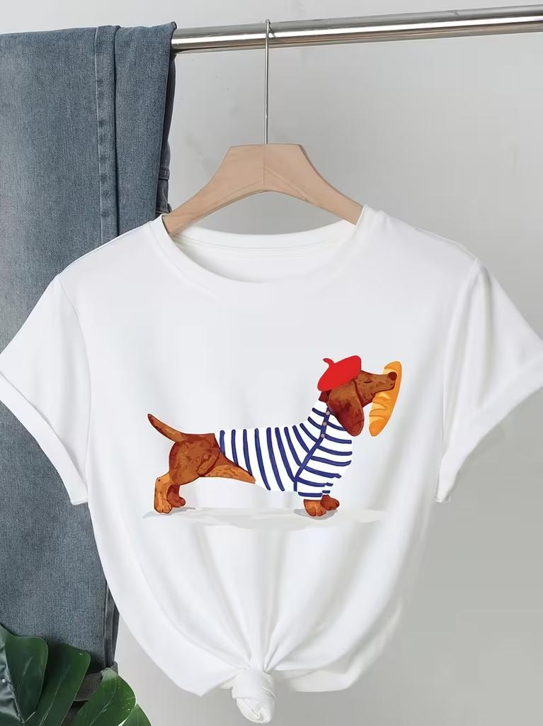 Tricou cu mânecă scurtă în stil desen animat cu un imprimeu cu câine în dungi, Gât rotund, Îmbrăcăminte de vară pentru femei, Tricou casual, Îmbrăcăminte de zi cu zi pentru stradă