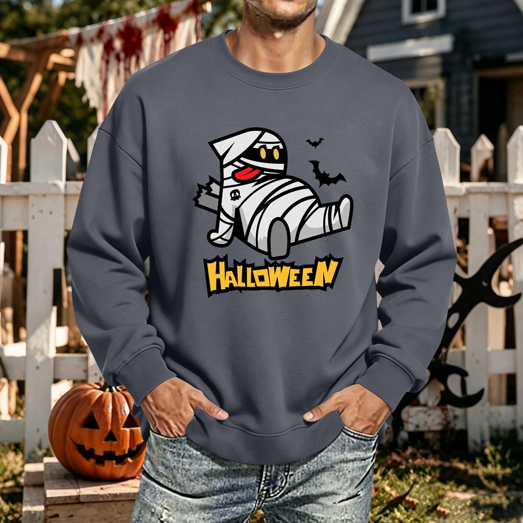 Men's Halloween Printed Long Sleeve T-Shirt Unisex Crewneck Casual Sports Top