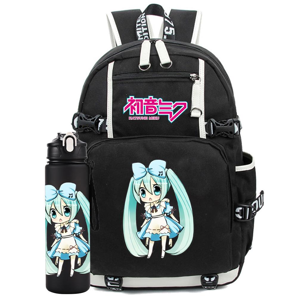 2 stuks/set Anime Hatsune Miku Bedrukte Rugzak met 750 ml Waterfles voor Tiener Student Meisje Jongen Grote Capaciteit Waterdichte Boekentas Cadeau