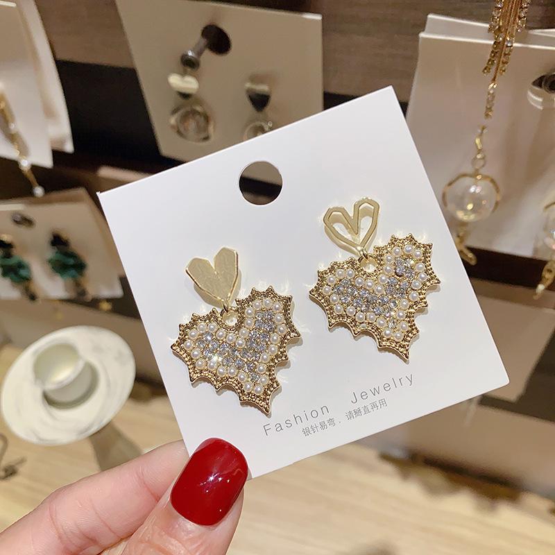 925 Silver Korean Rhinestone Heart Pearl Tassel Earrings for Women - 2024 Style 6A902