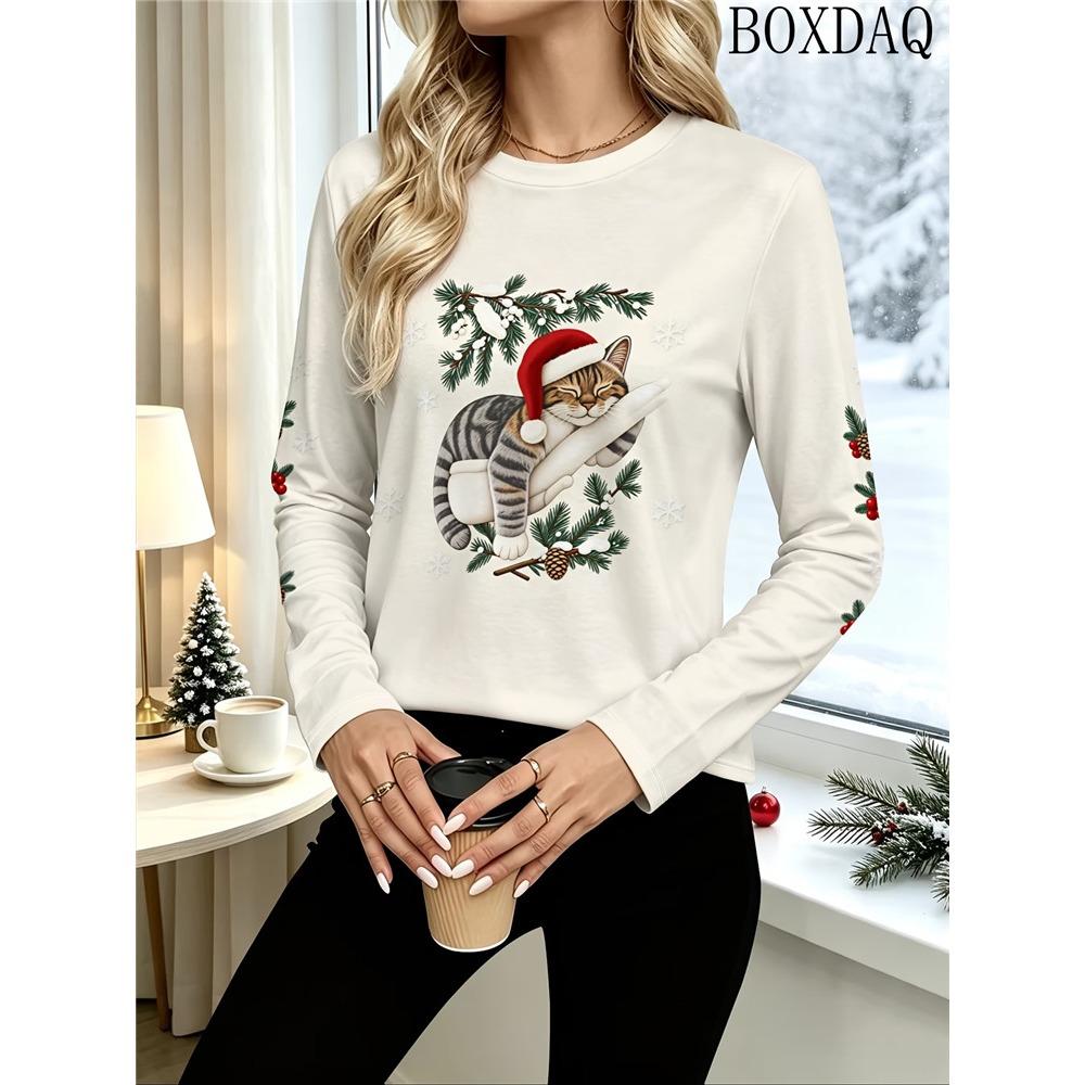 Women's Christmas Fox Cute Animals Print T-Shirt O-Neck Long Sleeve Autumn Casual  T-Shirts Loose Fashionable Women's Clothing