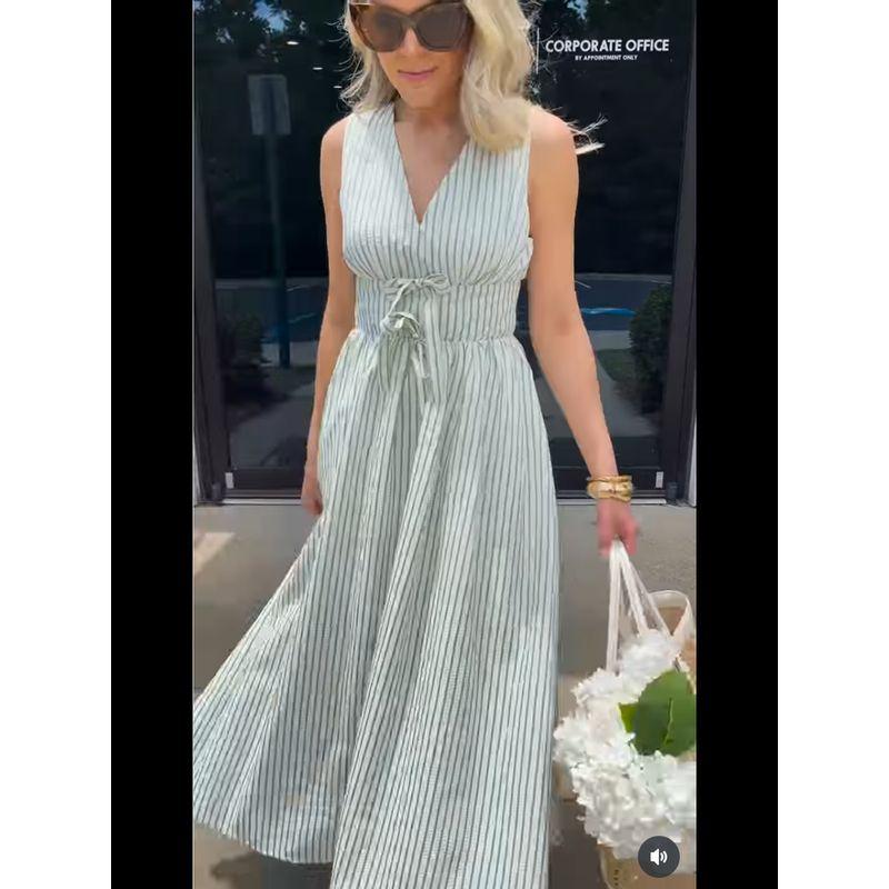 Foreign Trade Order Entr0 Artistic Style Sleeveless V-neck Stripe Dress A Word Bow Swing Midi dress Dress Women