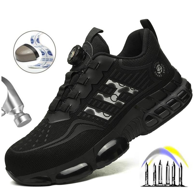

Новые рабочие кроссовки с вращающейся кнопкой, защитная обувь, мужские туфли со стальным подноском, рабочая защитная мужская обувь, неубиваемая обувь, устойчивая к проколам 42 чёрный/серебряный