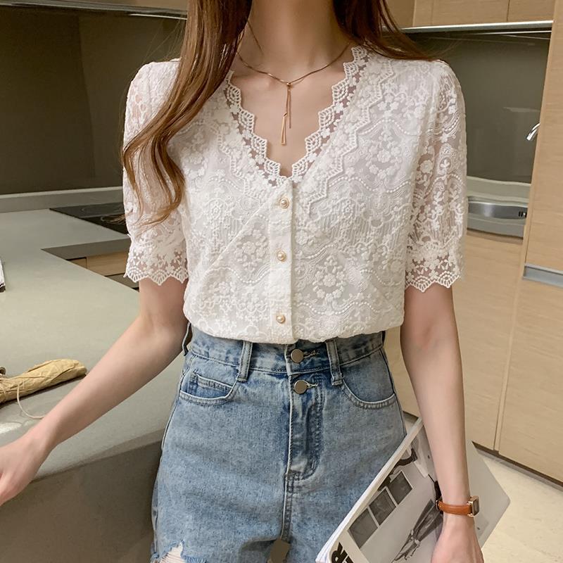 Shirts Women Lace Ladies Ins V-Neck Elegant Fashion Design Leisure Summer All-match Ulzzang Temperament Single Breasted White
