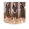 Women Summer Linen Cotton Dress V Neck Half Button Short Sleeve Midi Dress Loose Plus Size Elegant Mother Dress Casual Pocket Dresses