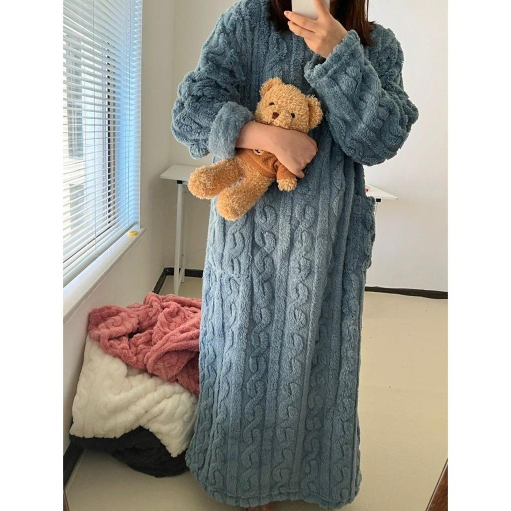 Plus Velvet Thickened Flannel Doll Collar Pajamas Women's Autumn and Winter Cute and Sweet Coral Fleece Home Service Suit Can Be Worn Outside