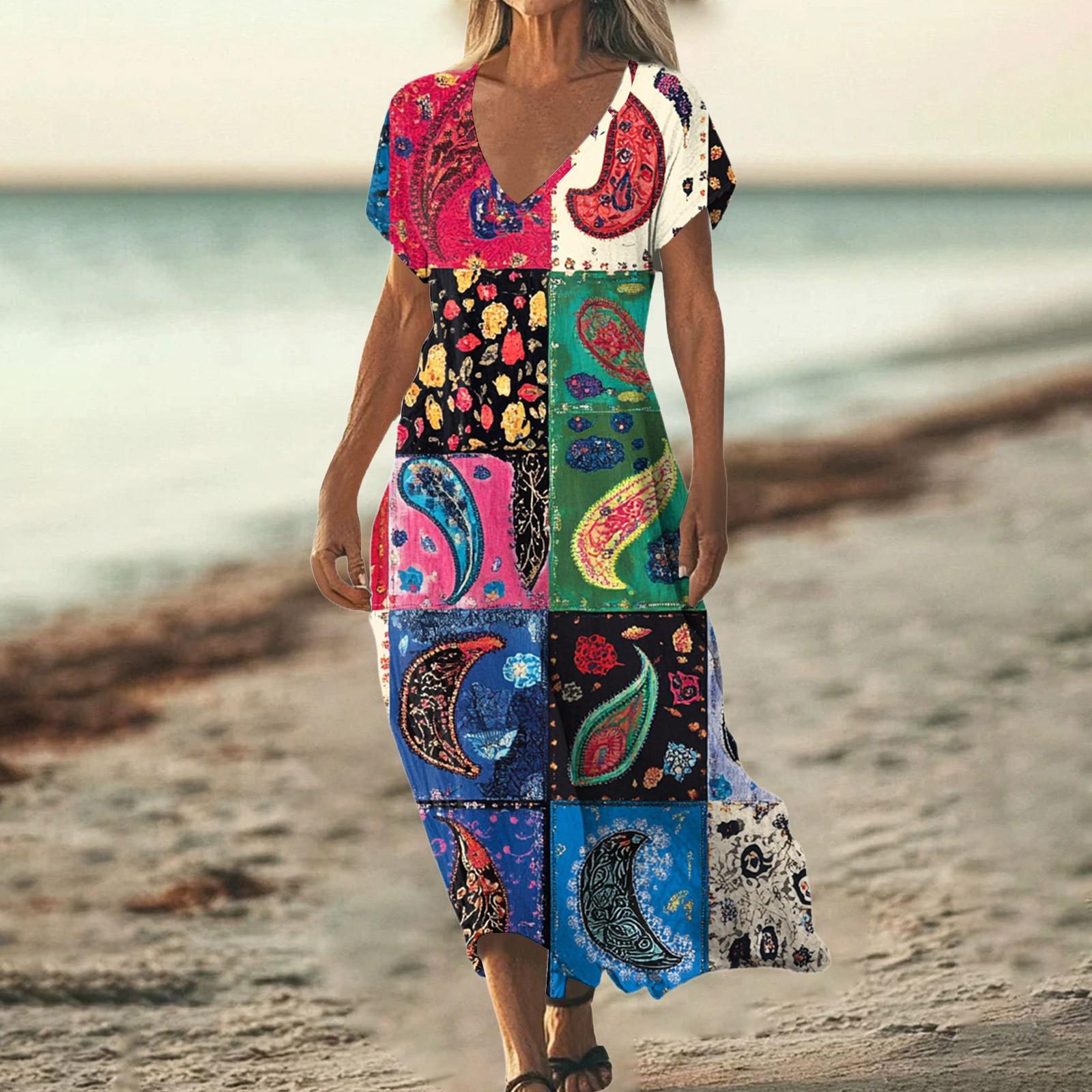 

Модне жіноче літнє плаття з V-подібним вирізом, коротким рукавом, з бавовни та льону, вінтажним квітковим принтом, пляжне L зелений