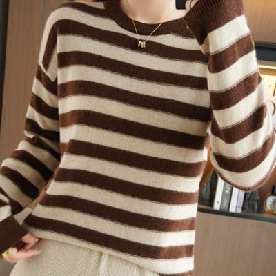 Autumn and Winter New Striped Crew Neck Long-sleeved Women's Knitted Sweater Contrasting Color Strip Pullover Loose and Thin Bottoming Shirt