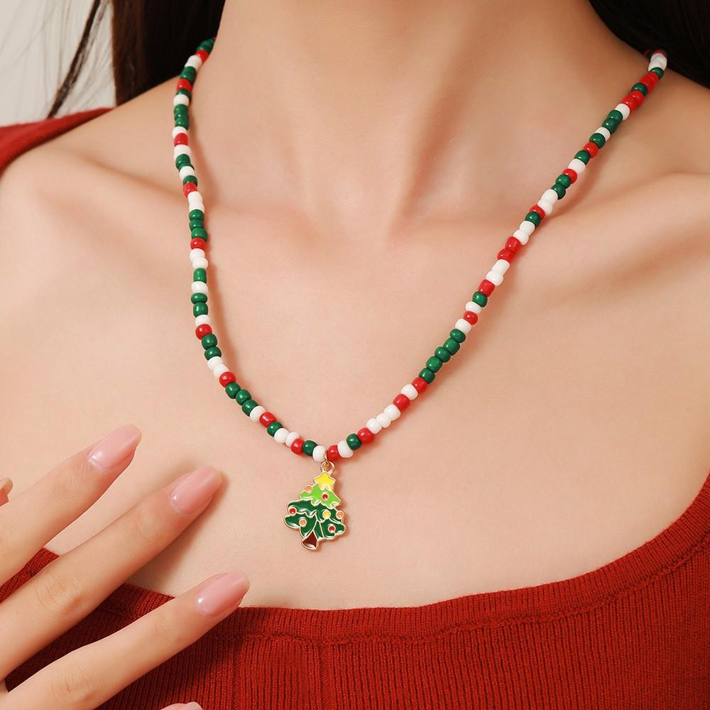 Snowflake Christmas Tree Santa Claus Pendant Chokers Women's Christmas Colorful Beads Necklace Collarbone Chain Xmas Gifts