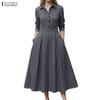 ZANZEA Women Casual Turn Down Collar Long Sleeve Grid Print A-Line Dress