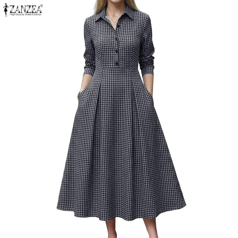 ZANZEA Women Casual Turn Down Collar Long Sleeve Grid Print A-Line Dress