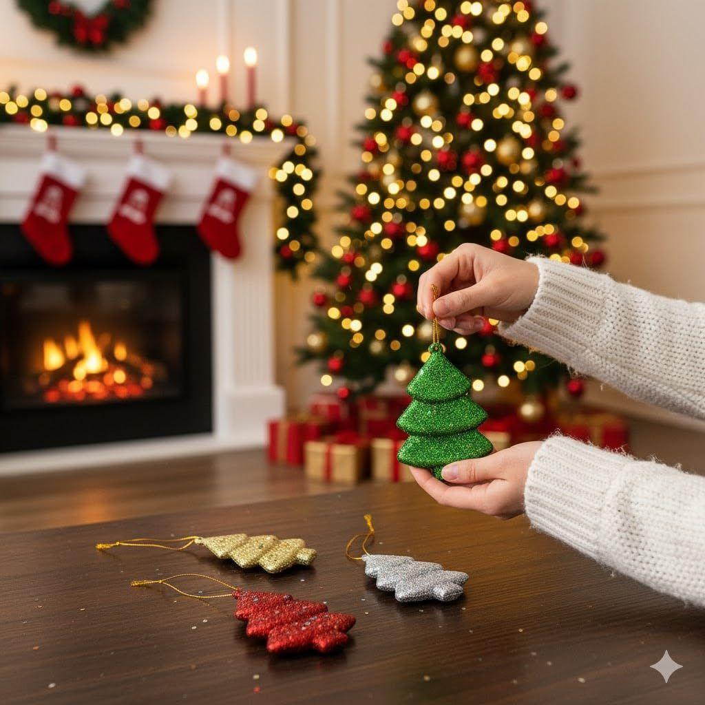 Sparkly Christmas Trees (Set of 4, Red Green Golden Silver) Christmas Tree Decoration Items Hanging Ornaments Props | Xmas Decorations