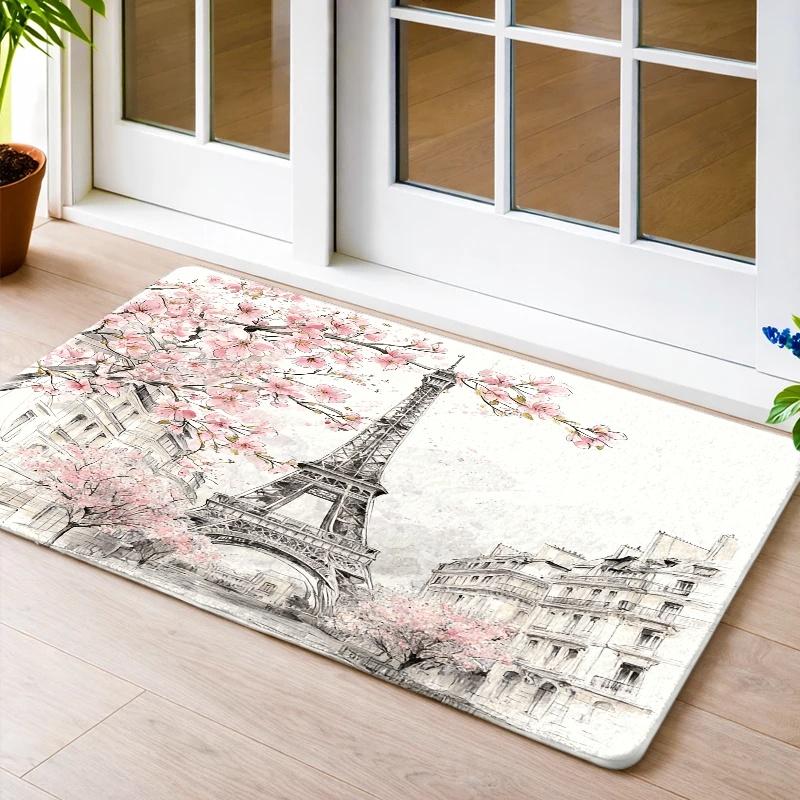 1pc French-Style Eiffel Tower Cherry Blossom Floor Mat, Non-Slip Rubber Base Flannel Door Mat, Durable And Washable Entrance Rug