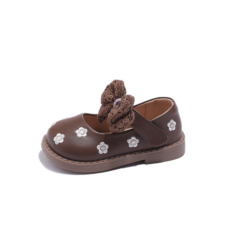 Girls leather shoes children's embroidered princess shoes 2025 spring and autumn new bow girl single shoes girl baby bean shoes