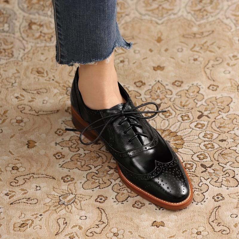 Autumn Women Shoes Retro Oxford For Woman Genuine Leather Flats Brogues Lace Up Casual Chelsea Shoes Rubber Brown